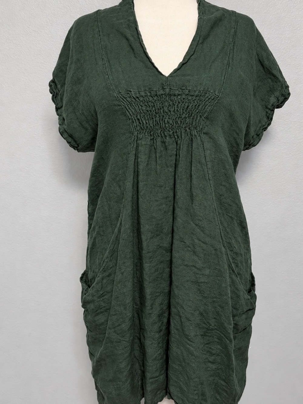Meo Meli Women’s Dress Green 100% Linen Made in Italy Midi Barrel Pockets Medium